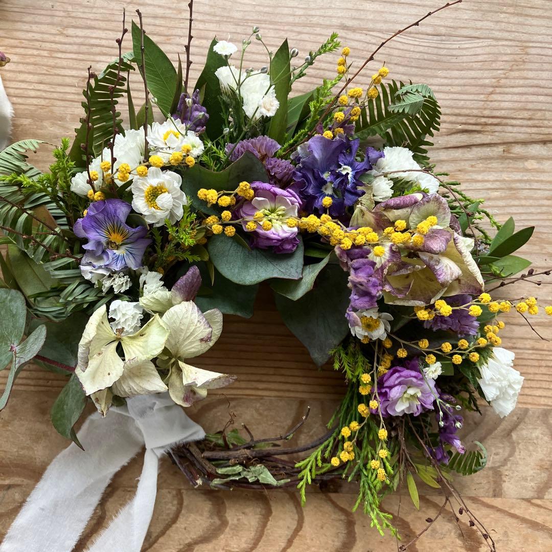 お得なセット　ミモザとアンティーク紫陽花のリース＆スワッグセット　春　ストック