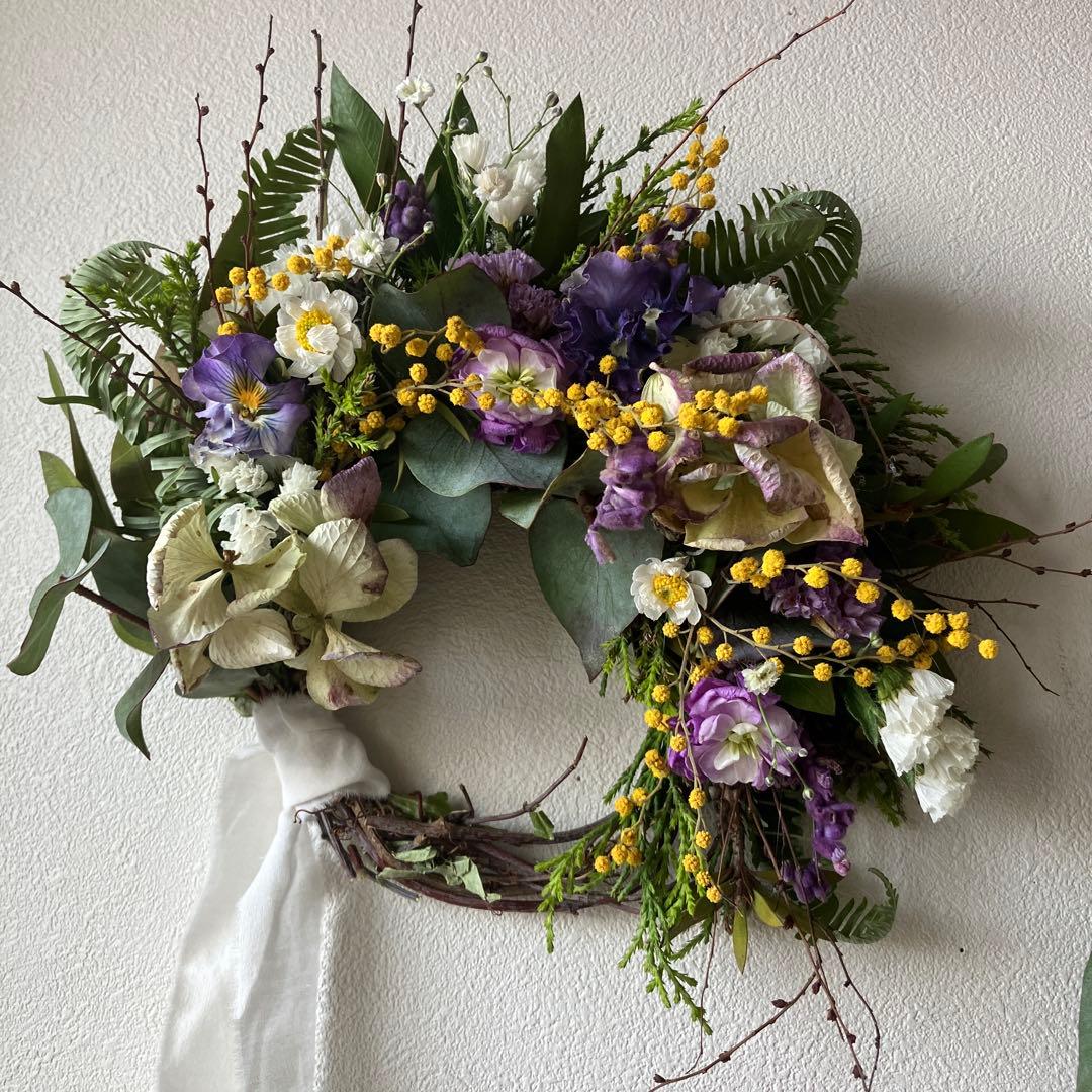 お得なセット　ミモザとアンティーク紫陽花のリース＆スワッグセット　春　ストック