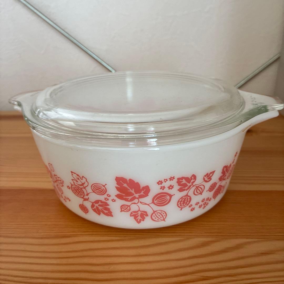 オールドパイレックス　キャセロール　ヴィンテージ　ピンクグースベリー　昭和レトロ