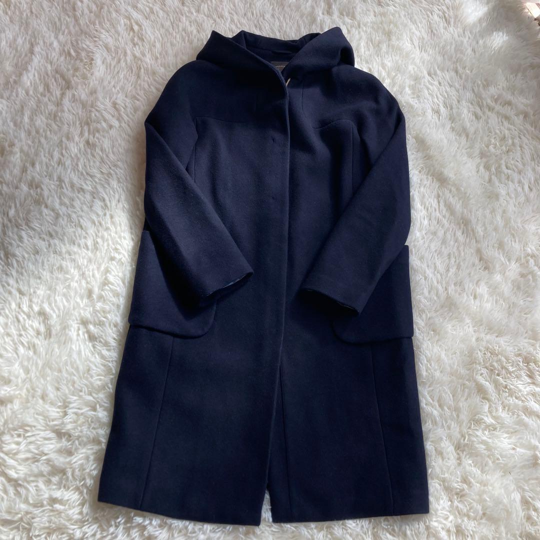 トゥモローランドコレクション　フード付きロングコート ウール　40 ネイビー