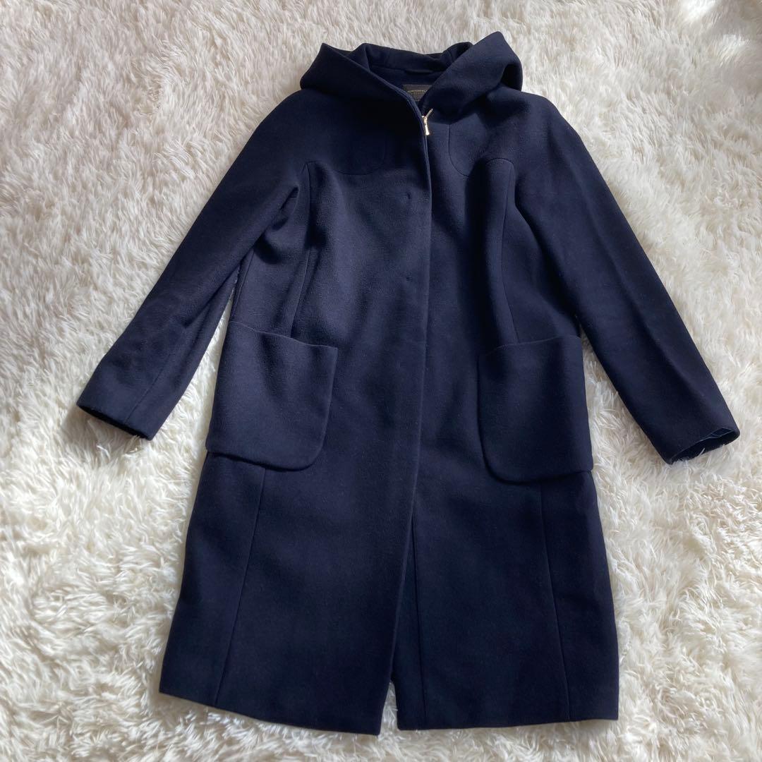 トゥモローランドコレクション　フード付きロングコート ウール　40 ネイビー