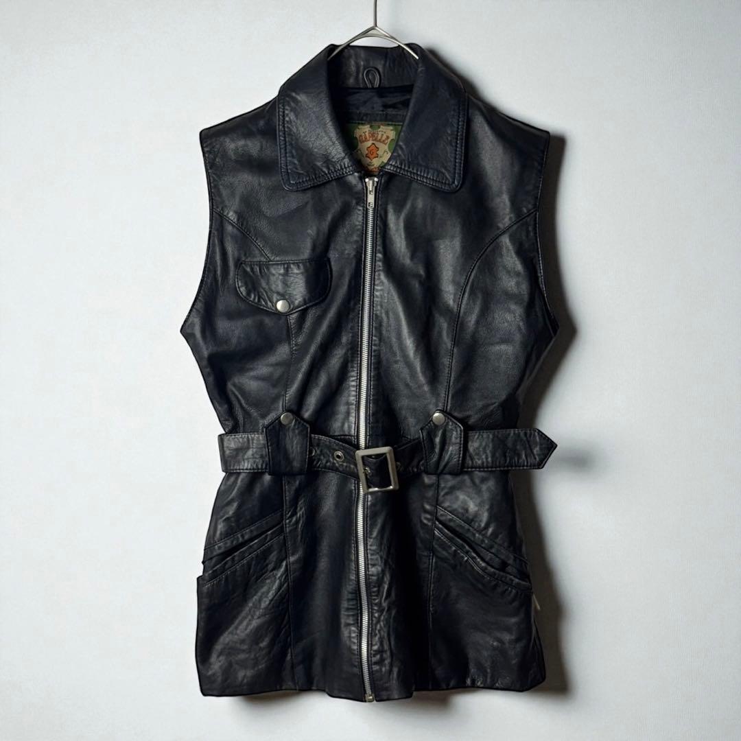 ヴィンテージ　レザー　ベスト　本革　ミドル丈　ベルト付き　レディース　M