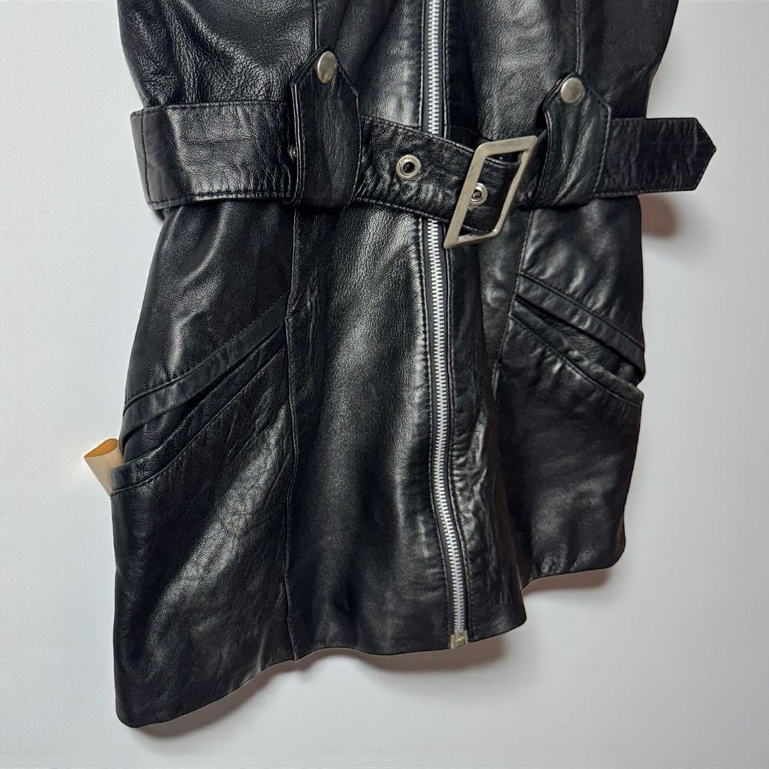 ヴィンテージ　レザー　ベスト　本革　ミドル丈　ベルト付き　レディース　M