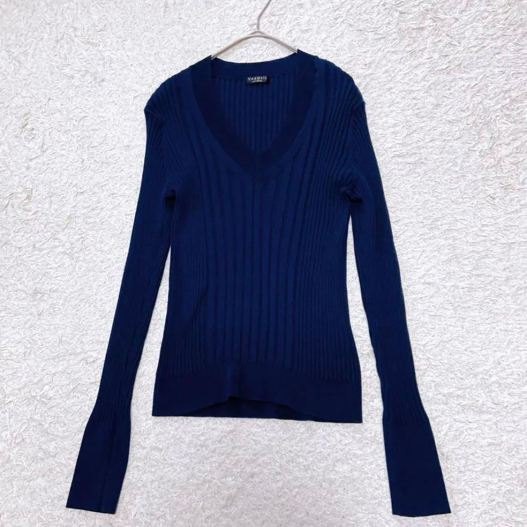 現行　ヴェルメイユ パー イエナ　リブＶネックニット　イタリアシ　ネイビー