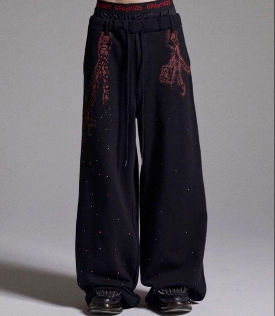 GRANCY ラインストーン デザイン レイヤード スウェット パンツ L