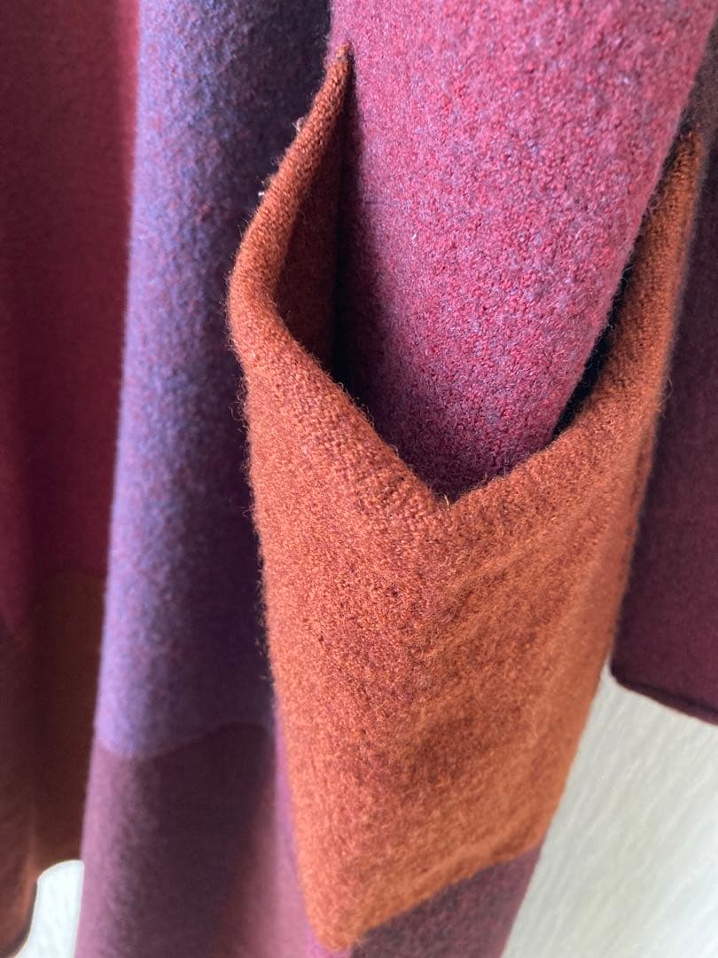 ヨーガンレール　パッチワーク風ニットロングコート　赤紫茶系 大きめゆったりサイズ