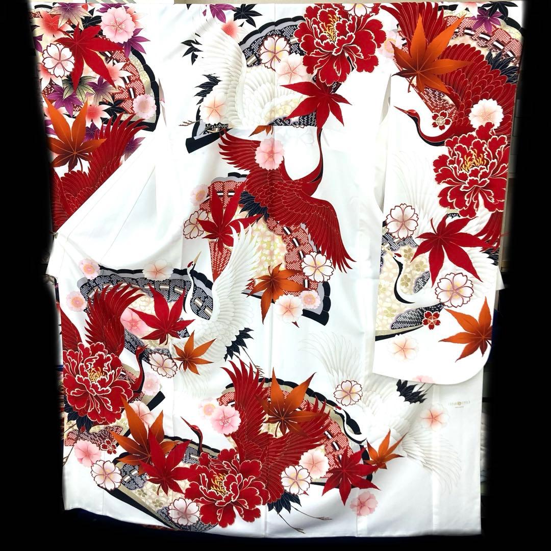 ☆中古品☆振袖　単品　化繊　ジャパンスタイル　白地鶴模様振袖