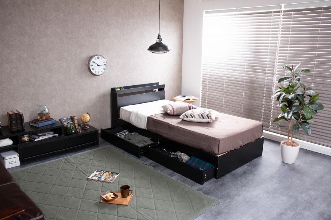 《新品・送料無料》【シングル】Pluto 収納付きベッド（マットレス付き）