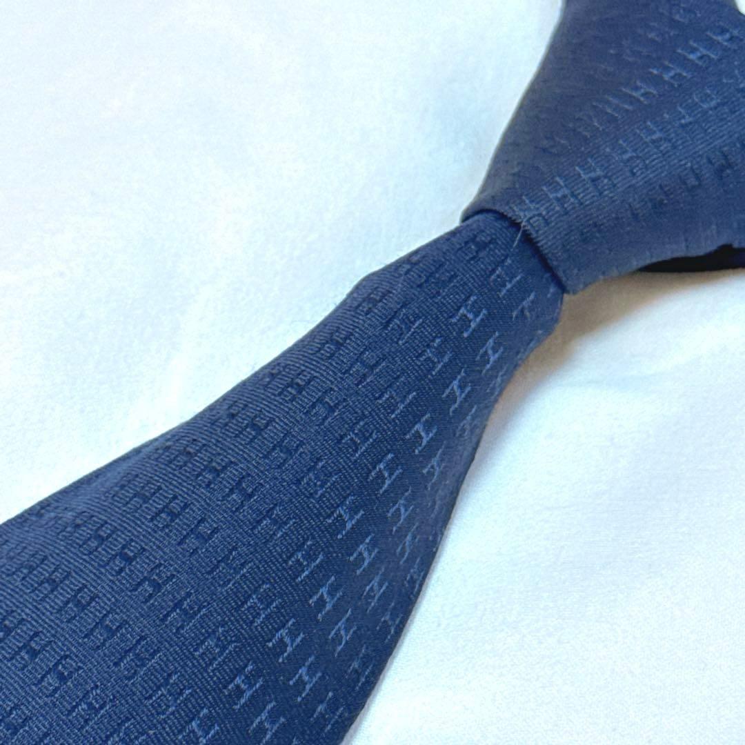 HERMES エルメス ネクタイ ネイビー 紺 光沢 ジャガード ファソネ H柄