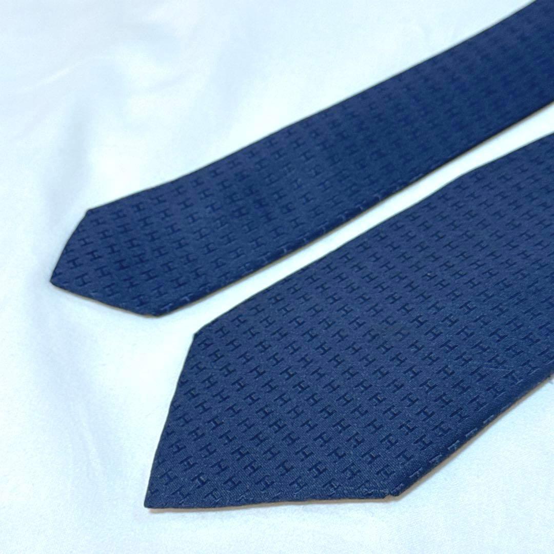 HERMES エルメス ネクタイ ネイビー 紺 光沢 ジャガード ファソネ H柄