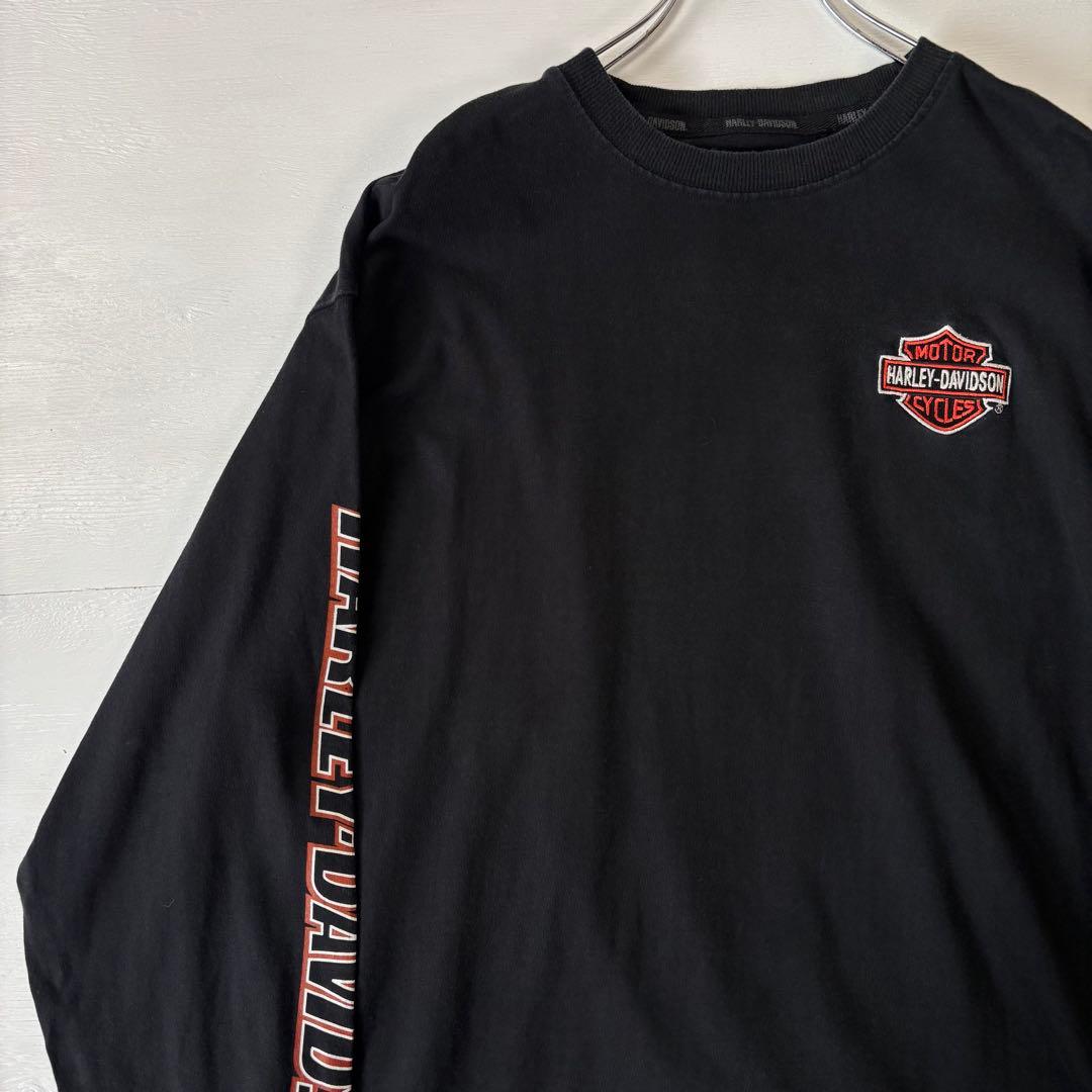 ハーレーダビッドソン　ロングTシャツ　刺繍ロゴ　XLサイズ　ブラック　古着