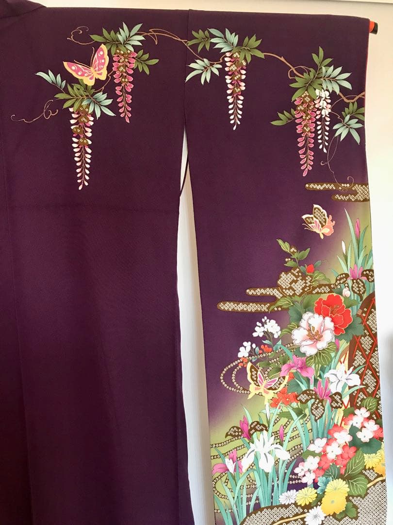 振袖　超美品　正絹　金糸刺繍　濃紫