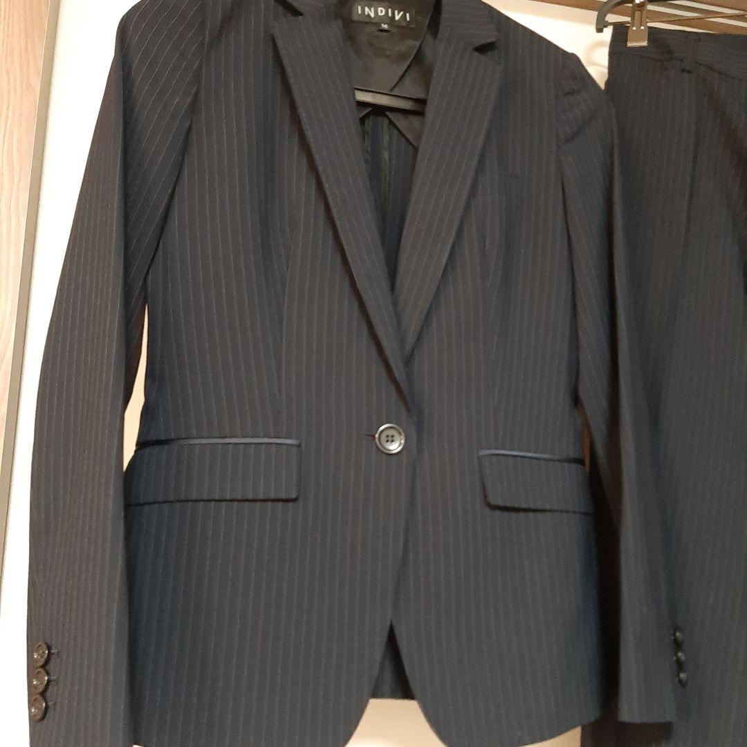 INDIVI ネイビー ストライプ パンツスーツ上36 下38 レディース　美品