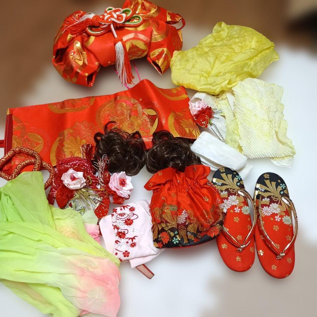 七歳　七五三 着物と着物セット　色赤と黄色