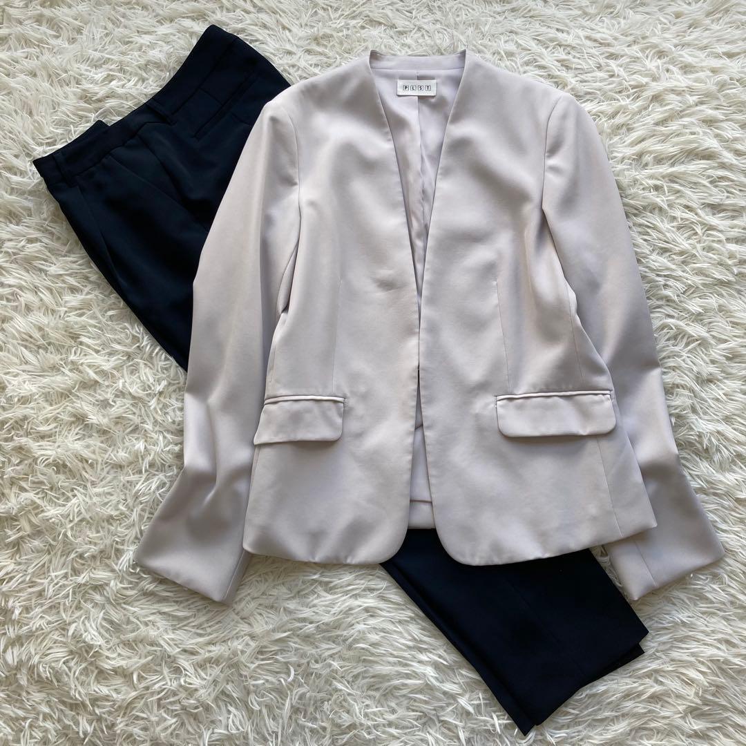 【美品】 PLST ノーカラージャケット パンツスーツ セットアップ Lサイズ