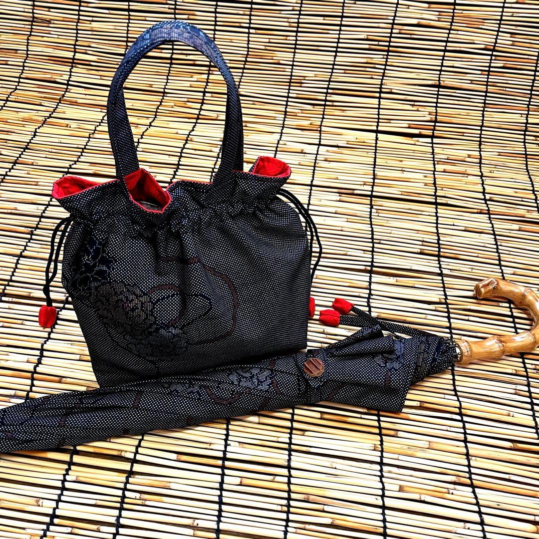 大島紬リメイク＊手作りおしゃれ日傘とお揃い巾着トート＊グレー系 花柄