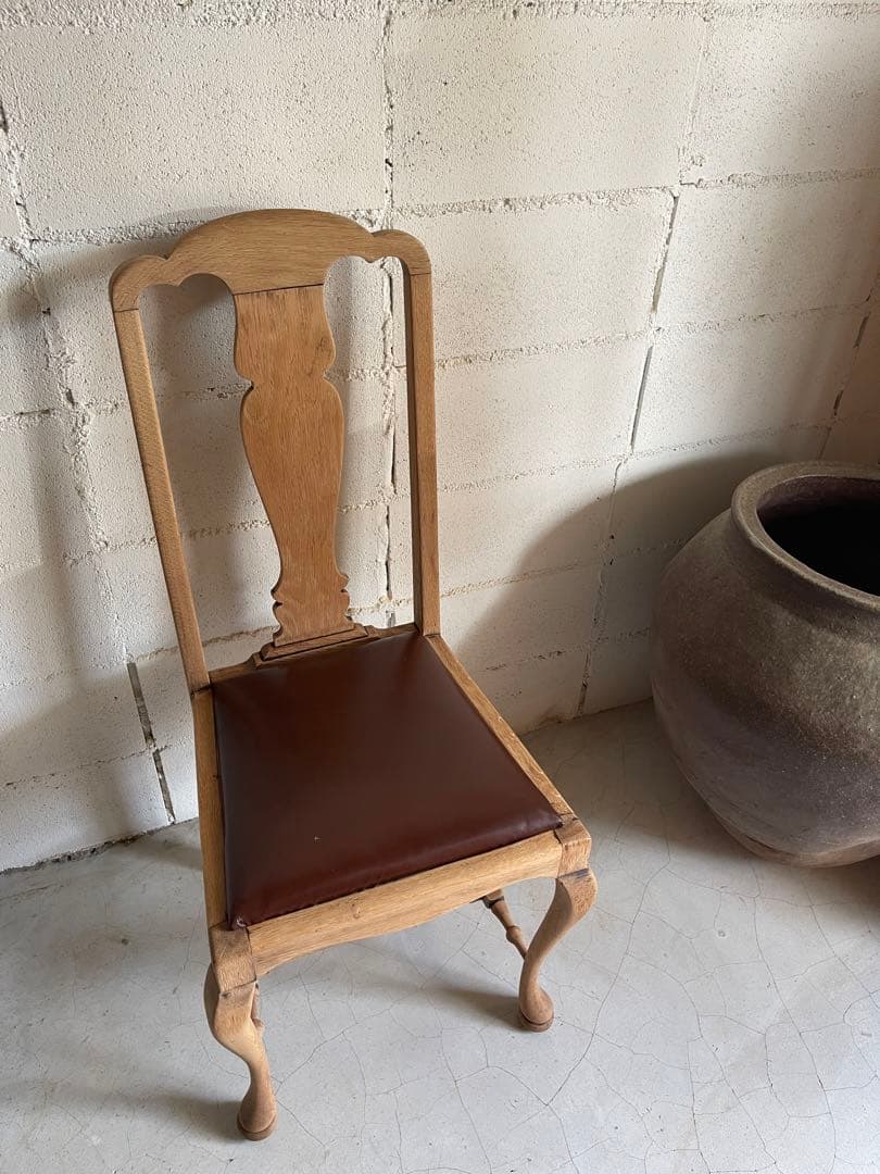 英国アンティーク　クイーンアンチェア　本革　猫脚　ダイニングチェア