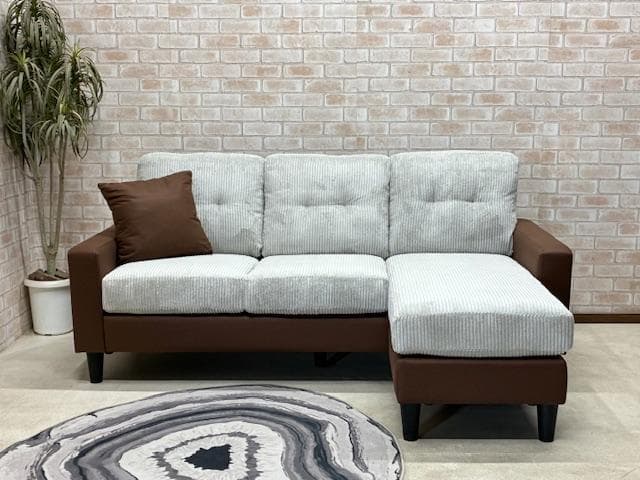 カウチソファ　３人掛け　コーデュロイ　LGY　新品　大特価
