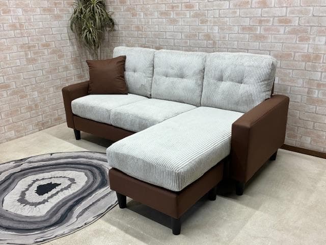 カウチソファ　３人掛け　コーデュロイ　LGY　新品　大特価