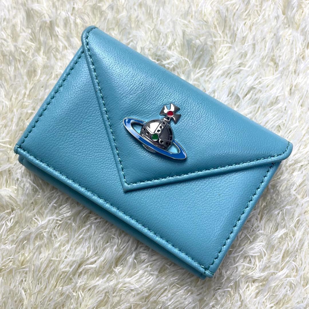 未使用に近い ヴィヴィアンウエストウッド 折財布 ブルー 三つ折り財布 レター