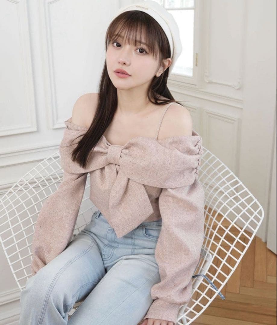 LIPSERVICE リボンオフショルロングスリーブトップス ピンク