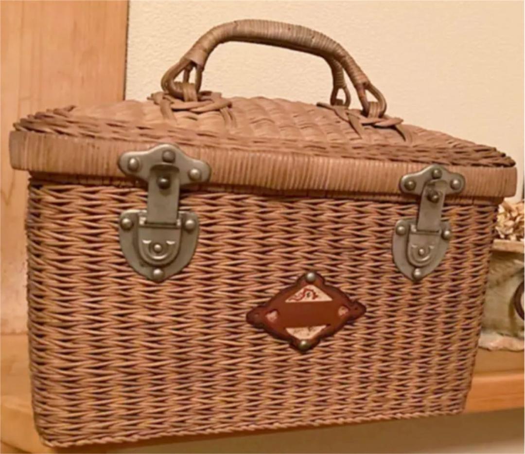 アンティークラタンバスケット　カゴバッグ　古道具