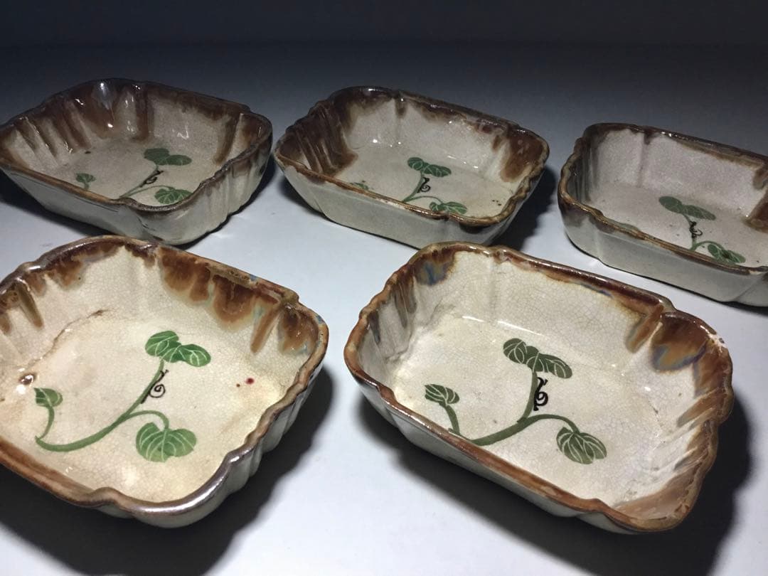 織部焼？◆角皿 ５個◆でんでん虫 カタツムリ 長皿 深皿 和食器 菓子皿