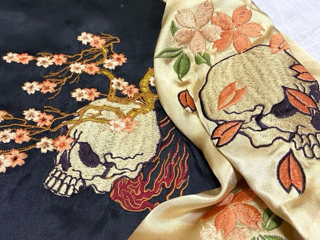 90sビンテージ 花旅楽団 両面刺繍 リバーシブル スカジャンL 髑髏 桜 野晒