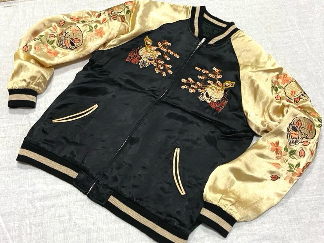 90sビンテージ 花旅楽団 両面刺繍 リバーシブル スカジャンL 髑髏 桜 野晒
