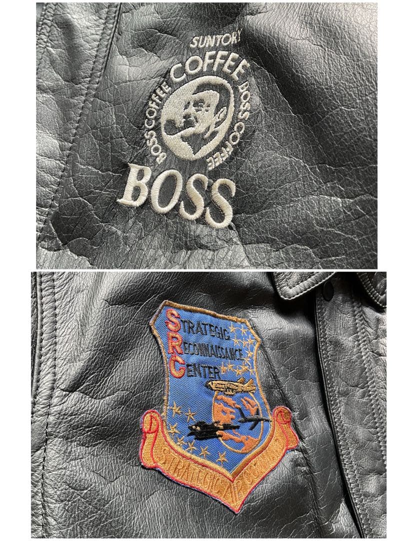 90's✨サントリー　BOSS レザージャケット　牛革　ワッペン　L ブラック