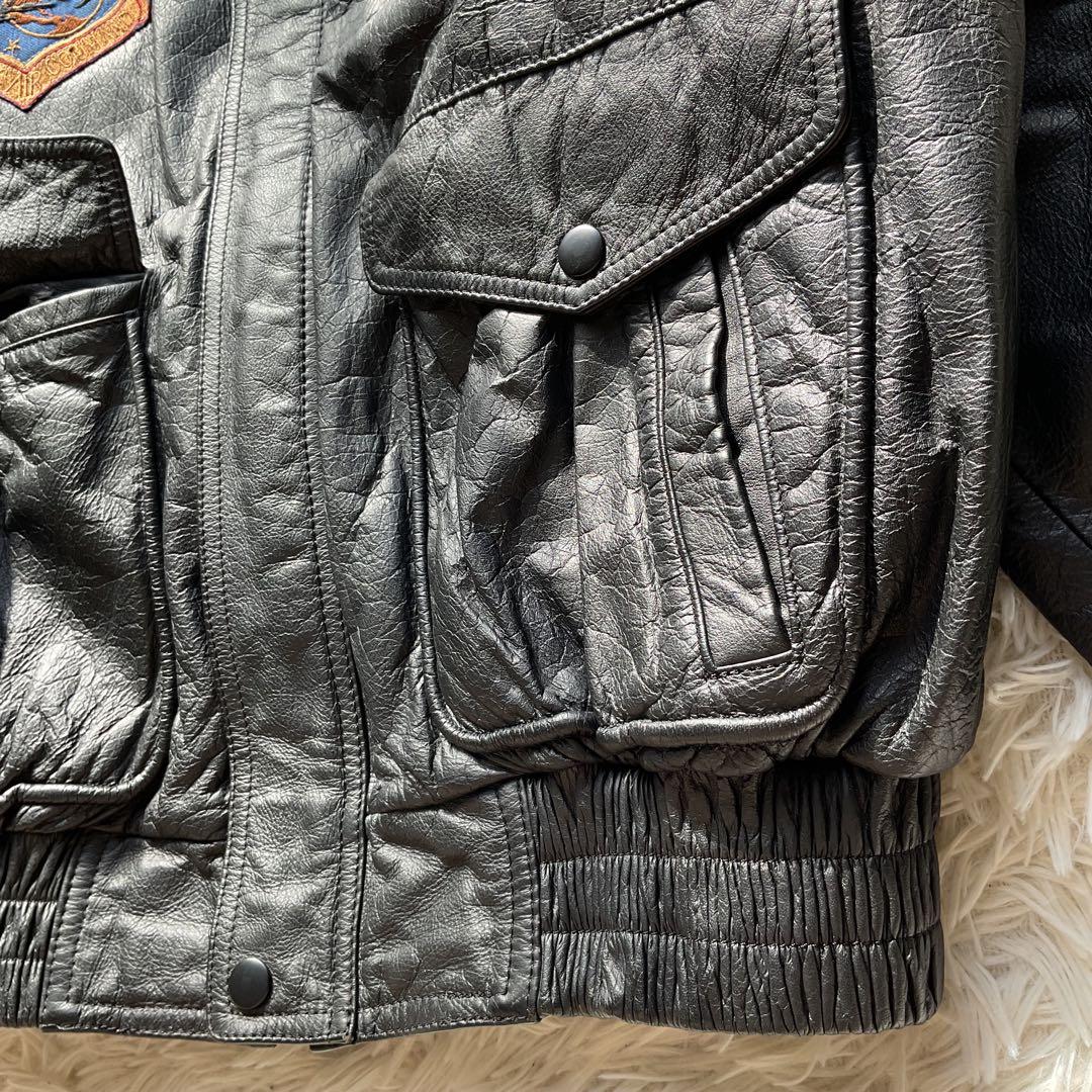 90's✨サントリー　BOSS レザージャケット　牛革　ワッペン　L ブラック