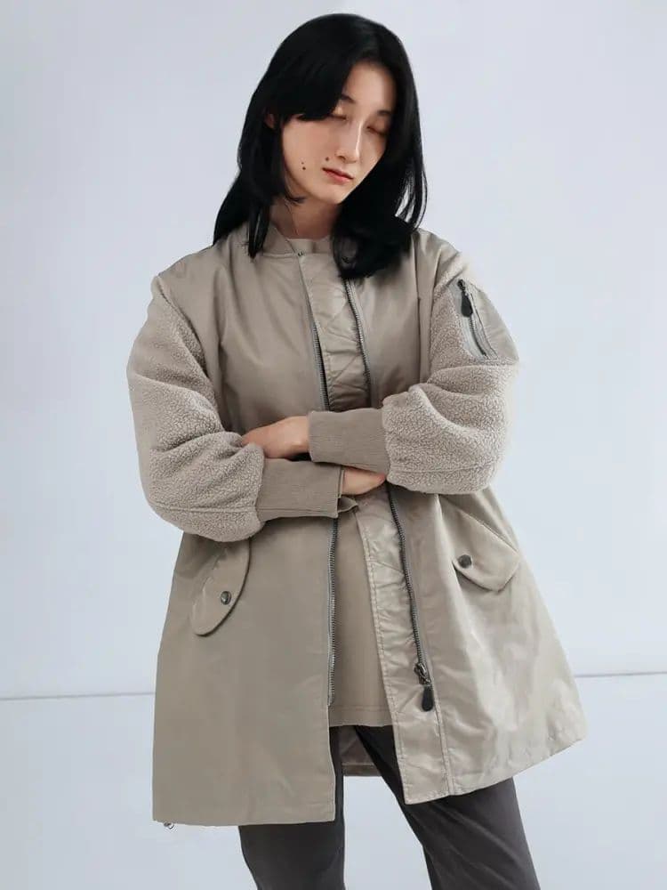 りーちゃん様 異素材ドッキングミリタリーロングコート ベージュ ヤマダヤ