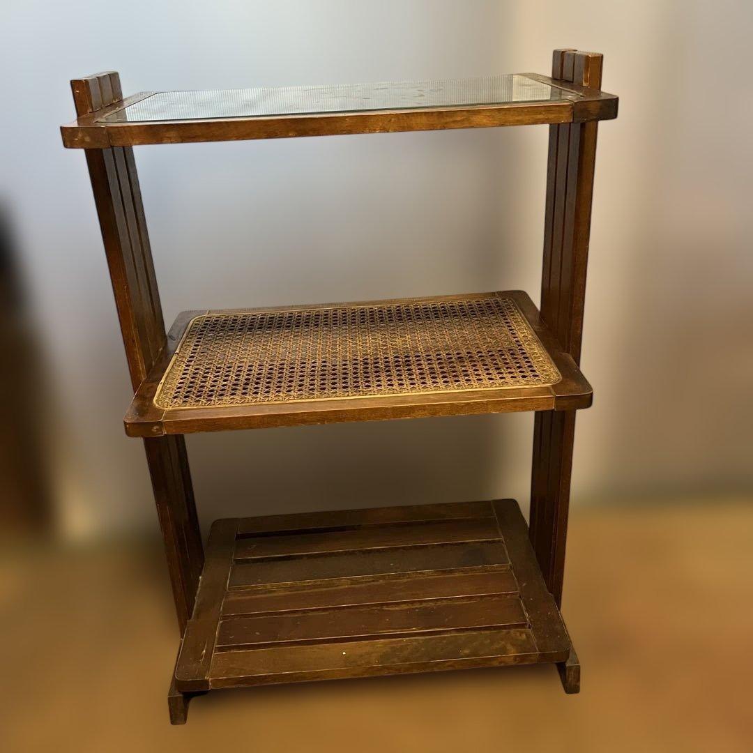 昭和レトロ ラタン×ガラス天板 3段ラック 飾り棚 サイドテーブル ビンテージ