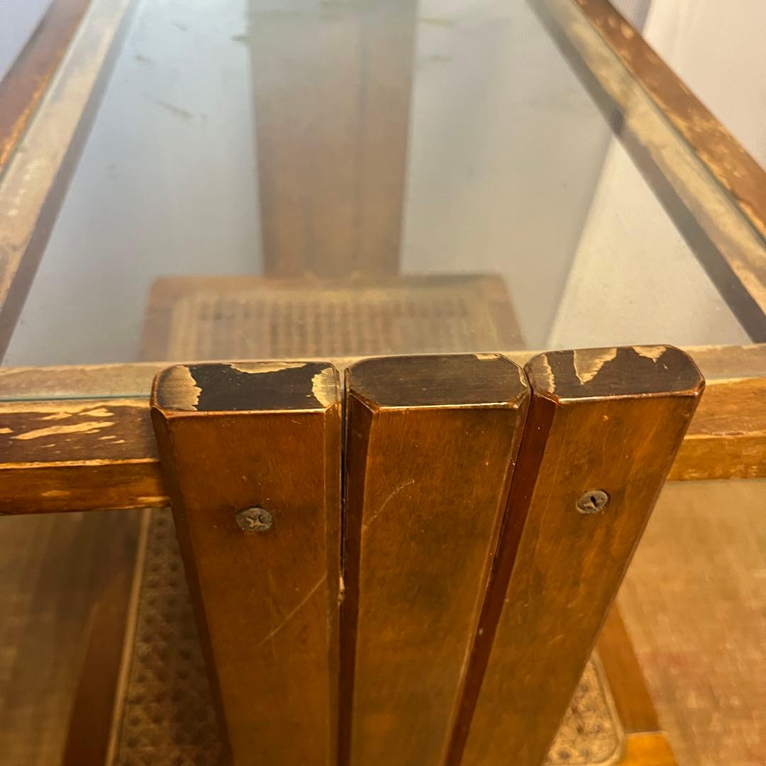 昭和レトロ ラタン×ガラス天板 3段ラック 飾り棚 サイドテーブル ビンテージ