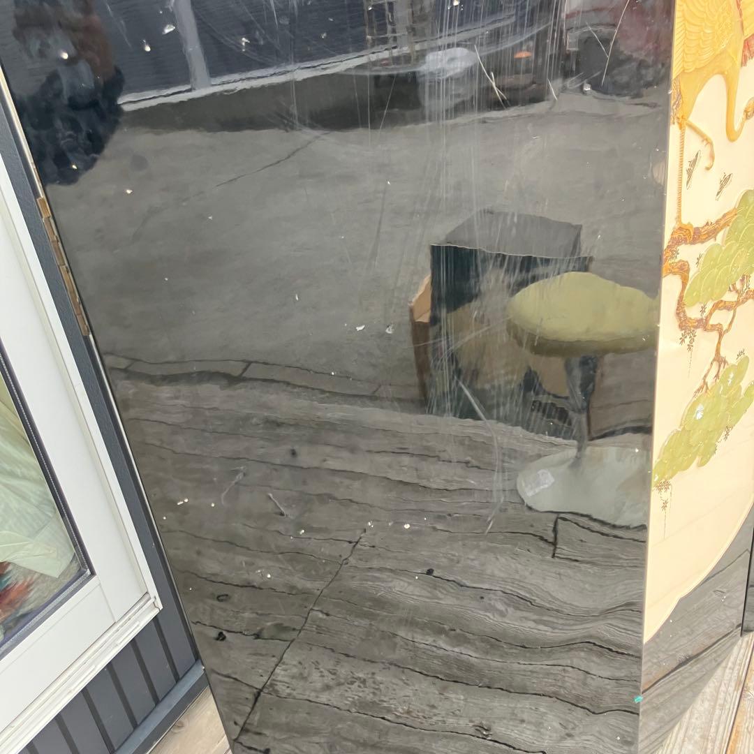 中国骨董 天然石細工 松 鶴 とんぼ 古典画装飾 木製 4連屏風 衝立 間仕切り