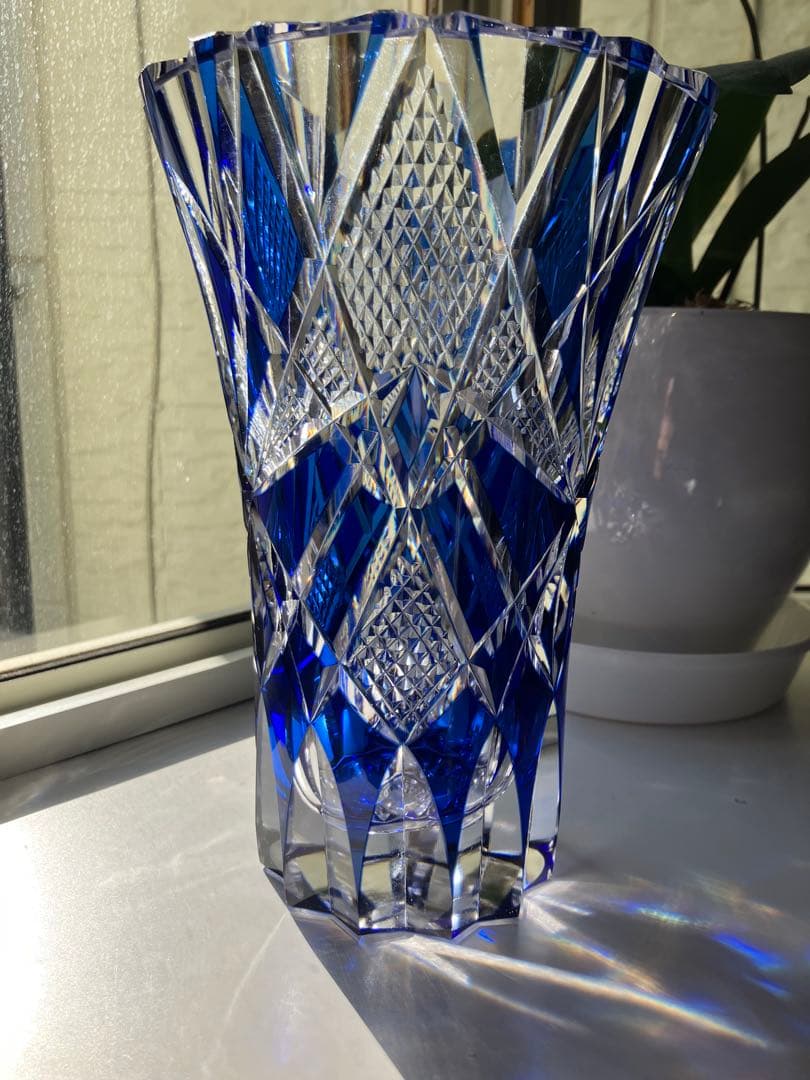 昭和レトロ◆江戸切子◆花器 花瓶◆昭和後期◆青被せ カットガラス
