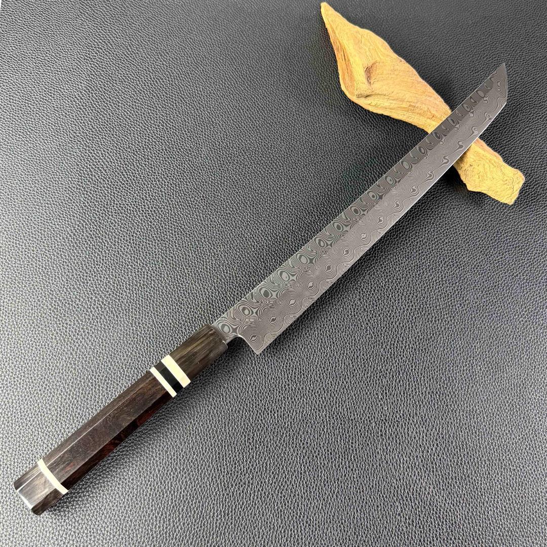 10083新品 ダマスカス先丸包丁 尺 渦刃紋105層 黒檀黒水牛白三本巻八角柄