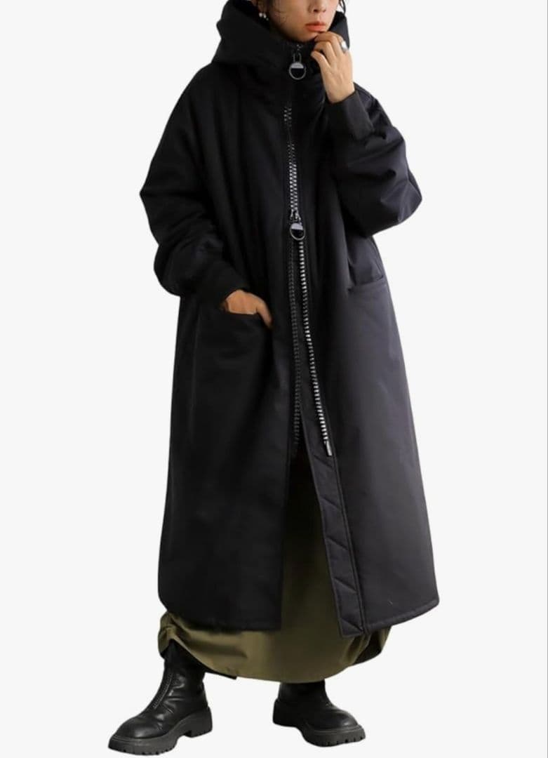 大人気で売切れ アンティカantiquaビッグファスナーロングコート中綿黒 秋冬