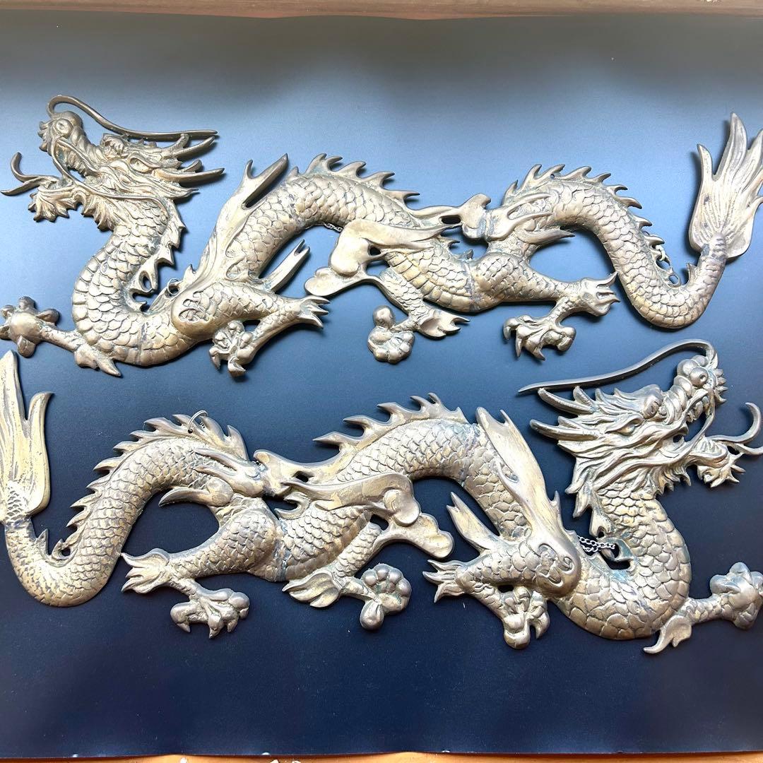 双龍浮彫一対 金属製 95.5cm 壁掛