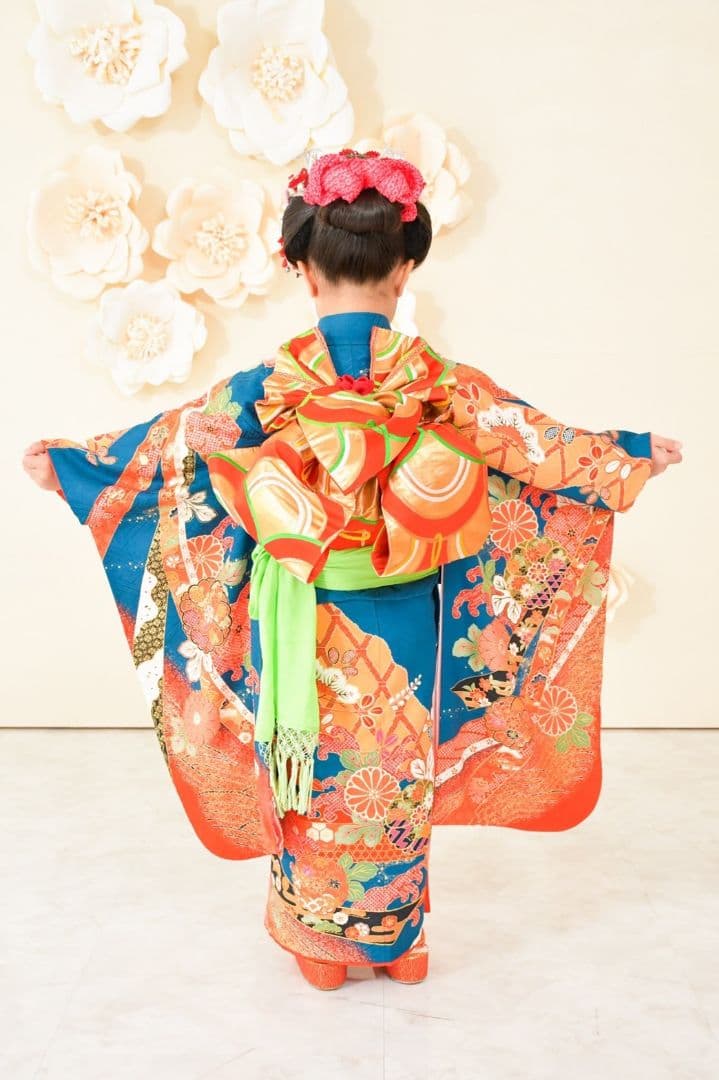 古典柄　七五三着物セット　7歳　女の子　化繊　袋帯、長襦袢　小物