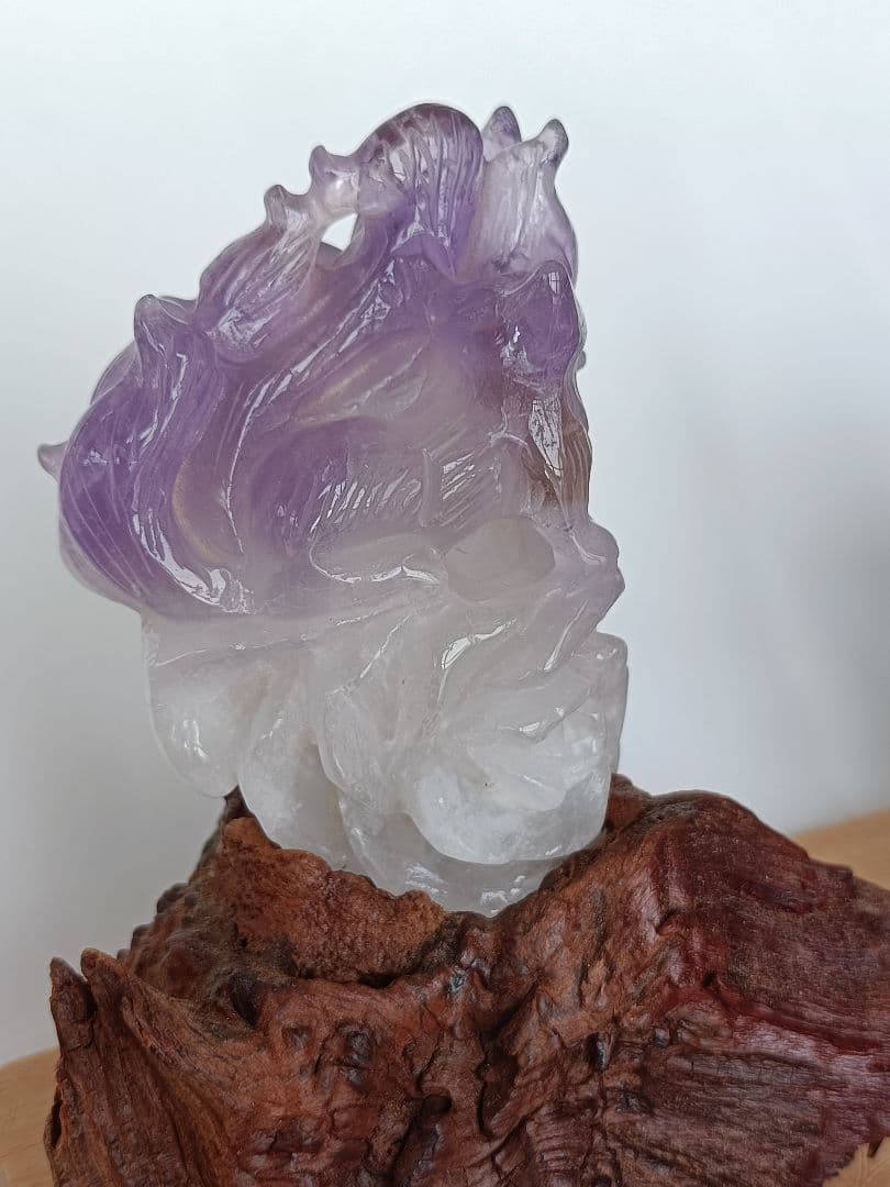 アメジスト手彫り 九尾の狐置物 特注台座付き 1部アメトリン