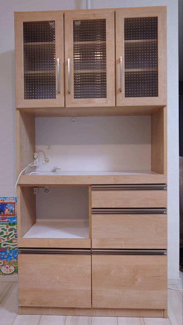 365@_幅90cm 日本製 木製食器棚 レンジボード ガラス扉付き