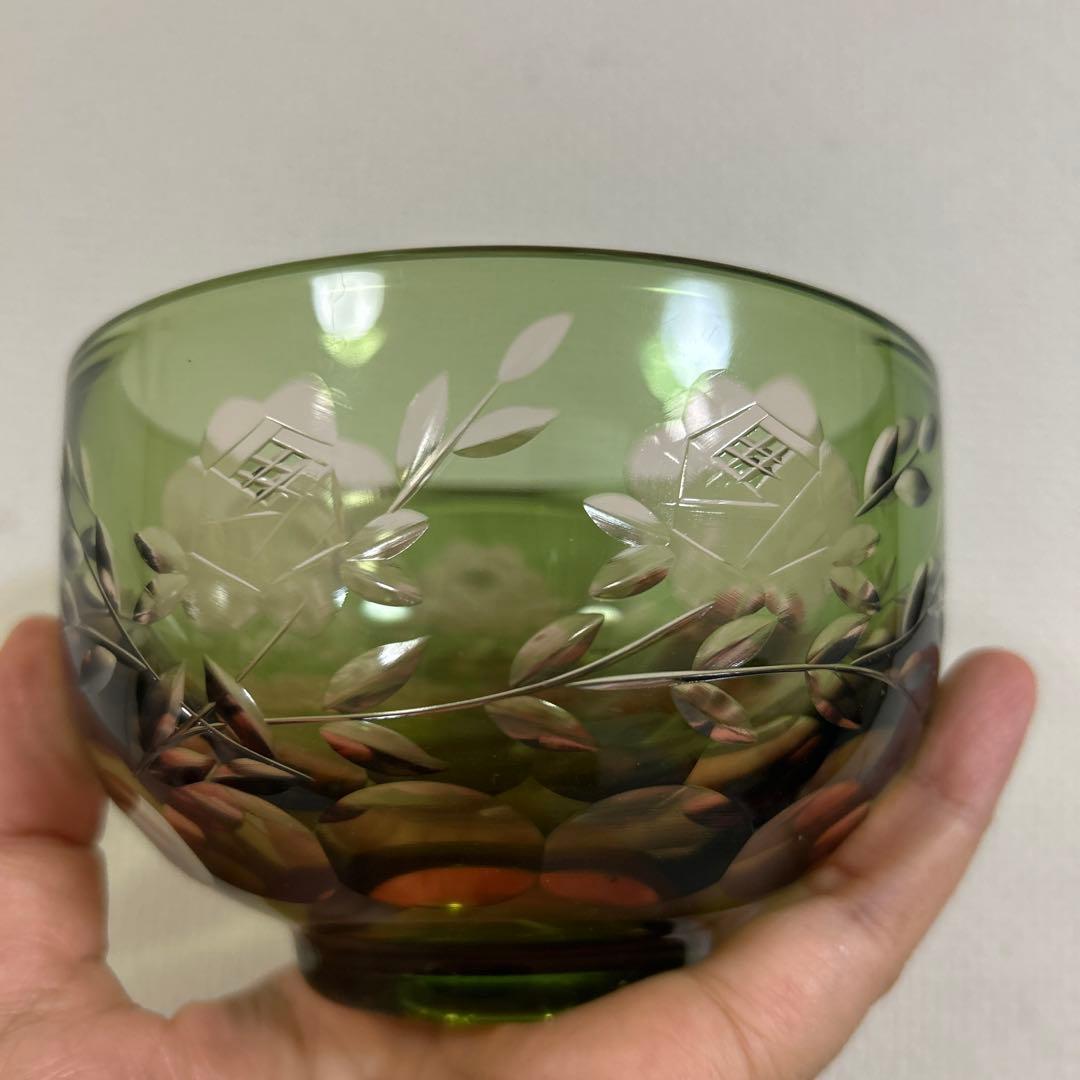 ぴ*ん様 ぎやまん　義山　北一ガラス　切子　抹茶椀　グリーン×ピンク