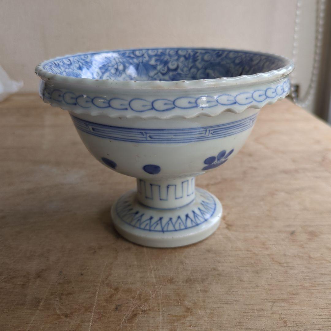 骨董 古伊万里 盃洗 線描き 染め付け 器 物入れ 花唐草 鉢 菓子器