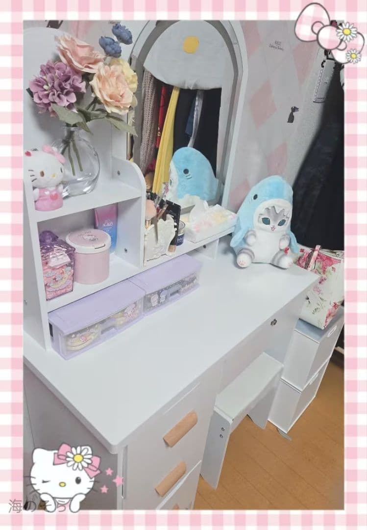 ホワイト 木製 80cm テーブル 大容量収納 3 色 LED ミラー 化粧台