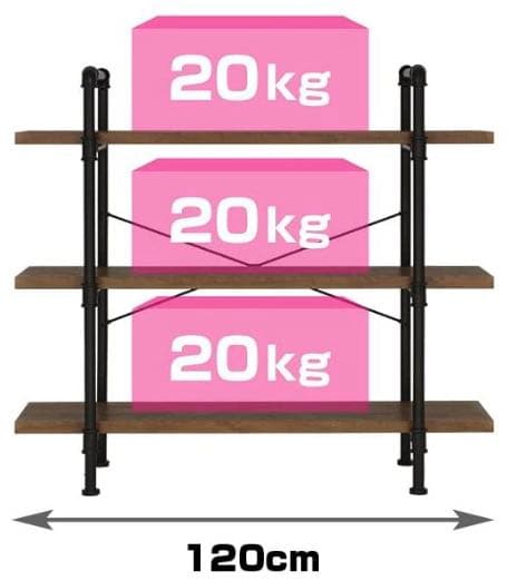 ★新品 ウォールナット アイアンシェルフ 3段 幅120cm スチールフレーム