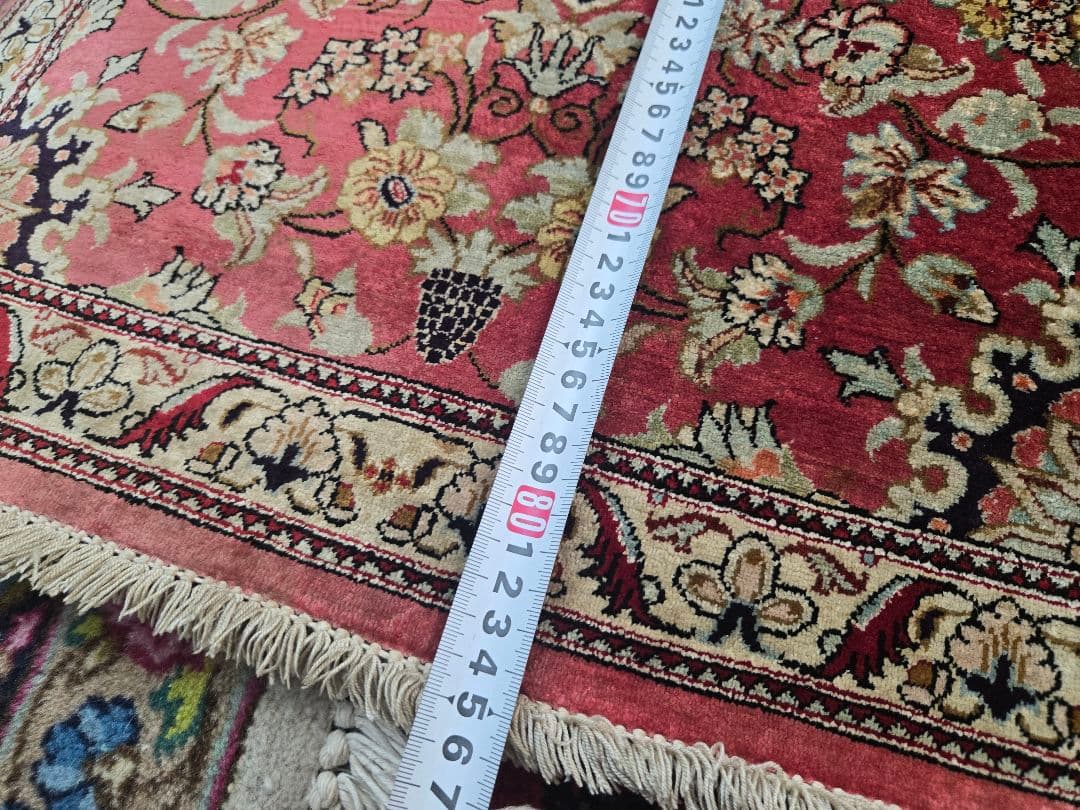 ペルシャ絨毯本物保証クム産100%手織り天然シルク花柄赤玄関マット84×55cm