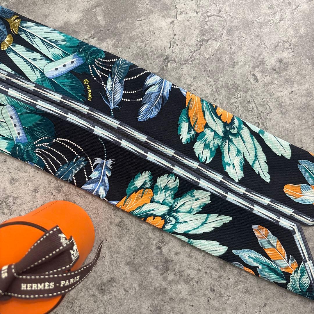 18時まで　新品　エルメス　ツイリー　ブラジル　羽根柄　希少　ブラック　スカーフ