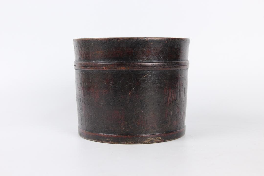 明末清初中国 木胎 黒漆 筒形容器 民窯 民用 漆器 物入れ ED11-23