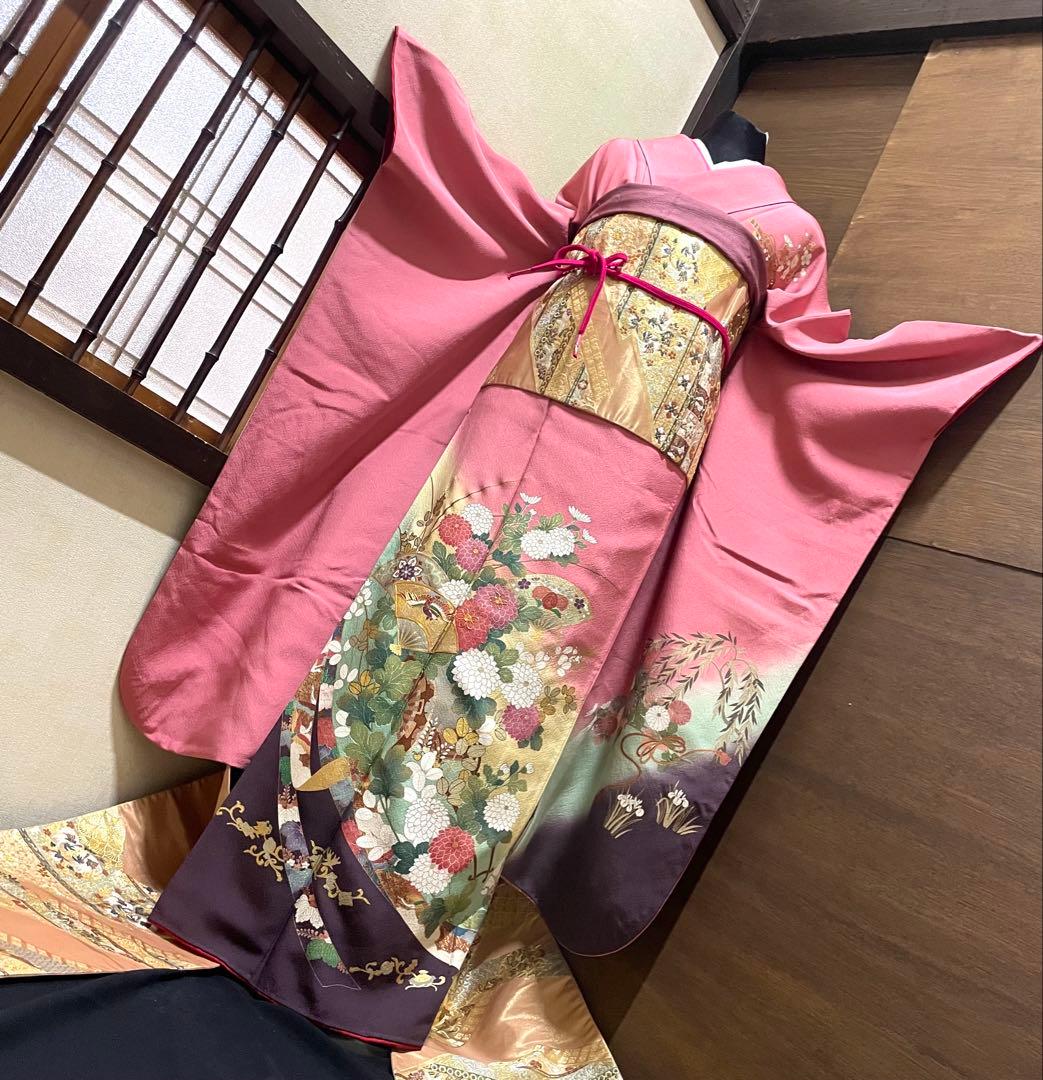振袖フルセット6点サイズS〜M 駒刺繍　扇面鳳凰花車文　暈し染め　金彩　正絹